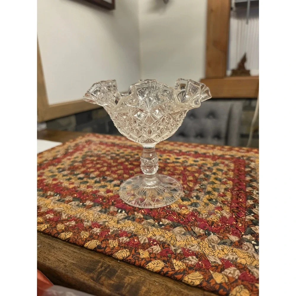 Fenton Daisy and Button Clear Glass Ruffled Compote Pedestal Candy Dish Vintage